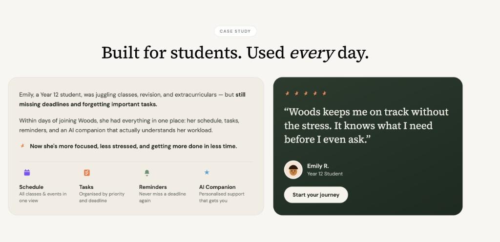 WOODS case study — Emily, a Year 12 student, uses schedule, tasks, reminders, and an AI companion in one place