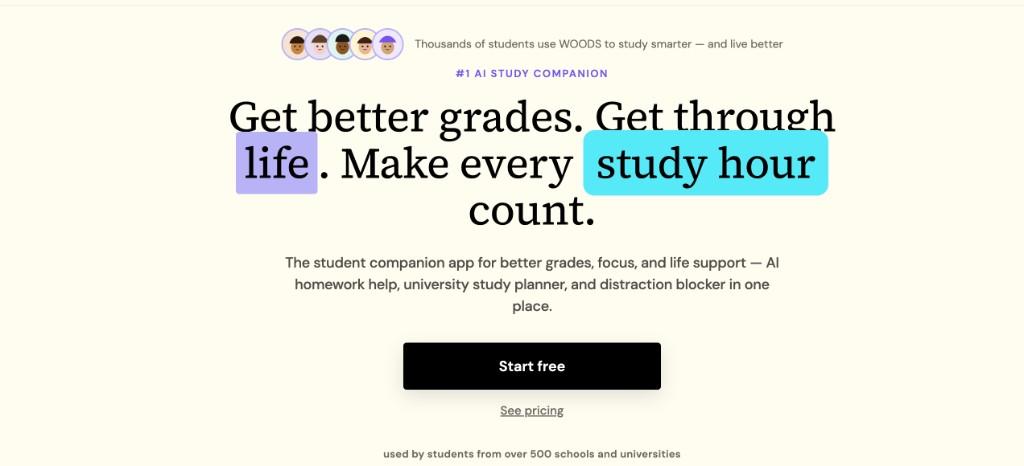 WOODS homepage — AI study companion for better grades, focus, and life support